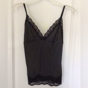 Women’s black pinstriped lace trimmed camisole.